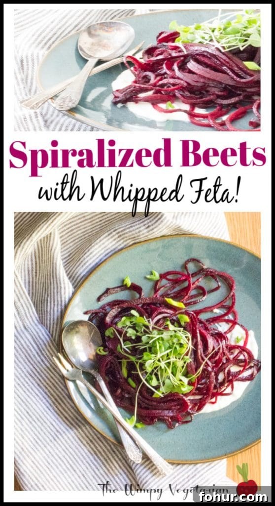 Spiralized Beet Noodle Salad with Creamy Whipped Feta 5 Easy spiralized beets sautéed with scallions and apple cider vinegar, served over feta cheese whipped with cream + garlic.
